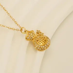 Fortune Bag Pendant Necklace 18K Gold Plated Stainless Steel With Rhinestones Hollow Fu Character Jewelry For Women