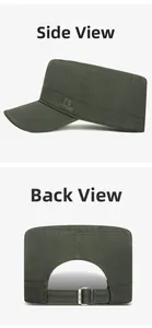 Detail view of cotton army cap side embroidery and adjustable silver metal back buckle