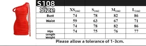 Size guide for the red one-shoulder bodycon party dress with rope texture detail