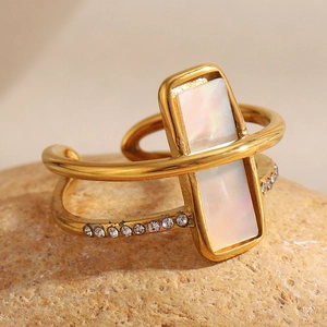 18K gold plated double-layer open ring featuring white shell and cubic zirconia on stone