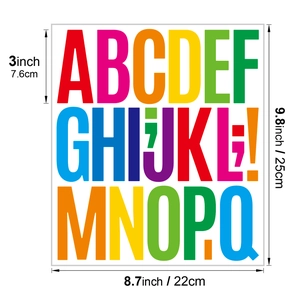 Close-up of 3-inch colorful waterproof alphabet stickers showing letters A to Q