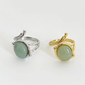 925 Sterling Silver Adjustable Open Ring With Green Agate Stone Branch Texture Vintage Simple Fashion Jewelry For Women