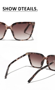 Close-up of tortoise shell square sunglasses with brown gradient lenses and silver rivets