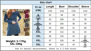 Detailed size chart for long sleeve floral mini dress in cm with measurements from S to 5XL