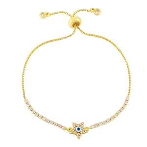 Adjustable gold bracelet featuring cubic zirconia and blue evil eye star pendant