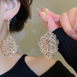 Leaf Tree Long Dangle Earrings With Colorful Rhinestone Crystal And Silver Earring Post Bohemian Party Fashion Jewelry