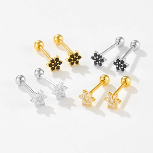 Detailed view of S925 silver flower stud earrings with zircon in gold and silver finish