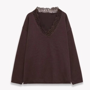Elegant dark brown wool blend knit sweater with deep V-neck and lace trim detailing
