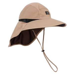 Detail of khaki outdoor sun hat with wide brim, neck flap and adjustable chin strap
