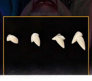 Detailed comparison of four sizes of vampire fangs from 13mm up to 19mm for Halloween