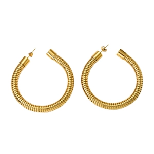 Pair of gold C-shaped chunky earrings with textured surface on a white background