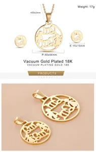 Detail of gold MAMA jewelry set with dimensions for necklace and earrings