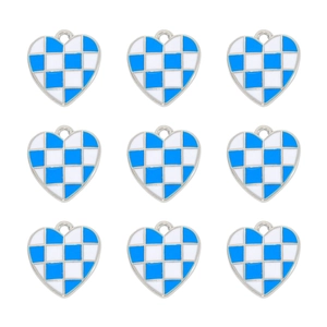 Detail showing 3x3 grid of blue and white checkerboard heart charms in gold alloy
