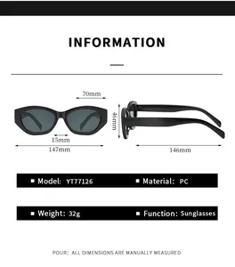 Detailed size specifications of retro cat-eye sunglasses with narrow frame dimensions