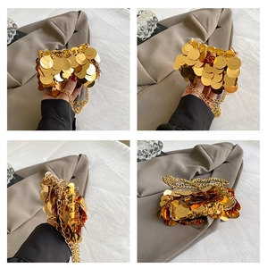 Detailed views of a mini gold sequin crossbody bag with a metallic chain strap