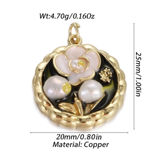 Detailed view of floral copper pendant with measurements and material specifications