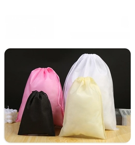 Various sizes of non-woven drawstring storage bags in white, pink, black and yellow