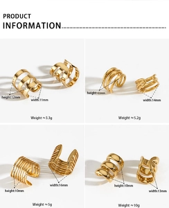 Detailed size and weight specifications for four gold stainless steel ear cuff styles
