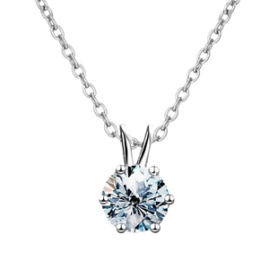 Classic six-prong round moissanite pendant on a silver S925 chain necklace
