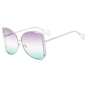 Fashionable oversized silver metal square sunglasses with gradient purple lenses and pearl tips