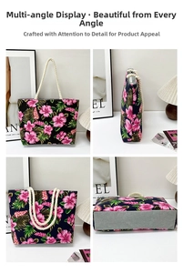Detail view of tropical floral tote bag with sturdy rope handles and reinforced base