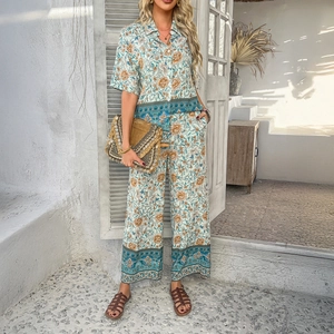 Tenue Décontractée Pour Femmes Bohème Imprimé Floral Chemise Manches Courtes Et Pantalon Large Viscose Vacances