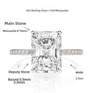 Detailed macro view of 4 carat radiant cut moissanite ring specifications and 925 silver band