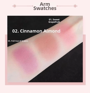 Arm swatches of matte blush in sweet pink orange, cinnamon almond, and grape purple shades