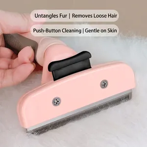 Pink self-cleaning pet grooming brush for cats and dogs removing loose fur with push button