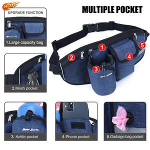 Detailed diagram of outdoor dog walking fanny pack showing multi-pocket functions