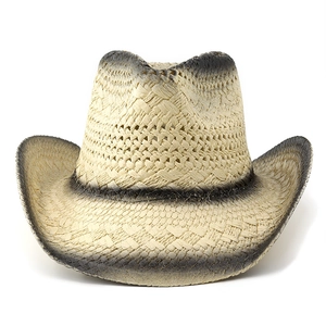 Detailed weave texture of straw cowboy hat with black spray-painted gradient edges