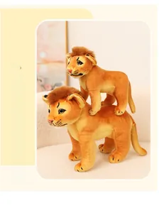 Detail shot of cute lion plush toy set showing soft yellow fur and brown mane texture