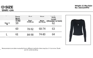 Size chart showing S to L measurements for the hollow print long sleeve slim crop top