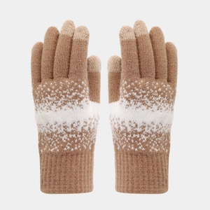 Detailed view of khaki knit touchscreen gloves featuring white snowflake geometric patterns