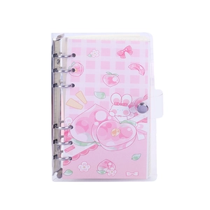 Cute pink transparent loose-leaf notebook with peach and bunny patterns and metal binder