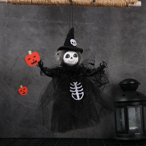Halloween hanging ghost witch with black gauze and skull face for party venue decor