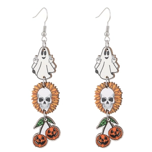Detailed view of Halloween earrings with ghost, skull and pumpkin cherry charms