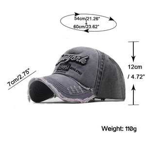 Vintage grey washed baseball cap with New York 1985 embroidery and distressed brim edge