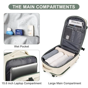 Detalle de los compartimentos de la mochila de viaje y el bolsillo para portátil