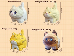 Detailed dimensions and weight specifications for four cartoon cat resin figurines