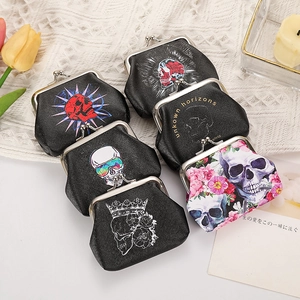 Set of six vintage skull print coin purses with metal clasp in Saffiano faux leather