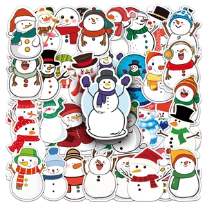 Close-up of assorted waterproof snowman stickers in vibrant colors for holiday decoration