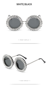 Detailed views of oversized round sunglasses with sparkling rhinestone crystals