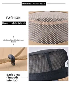 Detail of breathable mesh fabric and windproof rope buckle on outdoor sun hat
