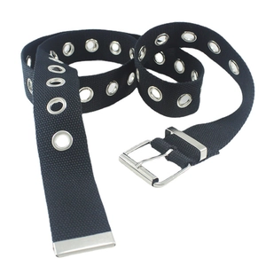 Black canvas belt with silver metal grommets and single needle buckle on white background