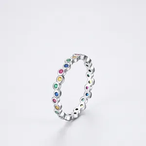 Rainbow Eternity Ring 925 Sterling Silver With Colorful Zircon Dainty Thin Band Minimalist Stackable Jewelry For Women