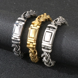 Men Retro Twisted Dragon Bone Chain Bracelet Stainless Steel Punk Style Heavy Metal Jewelry With Box Clasp
