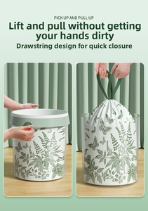 Detail of drawstring trash bag showing quick closure design for clean disposal