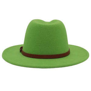 Detail view of bright green wool fedora hat with dark brown leather decorative band