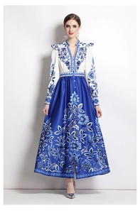 Detailed pattern of a French vintage floral midi dress with blue porcelain print motifs